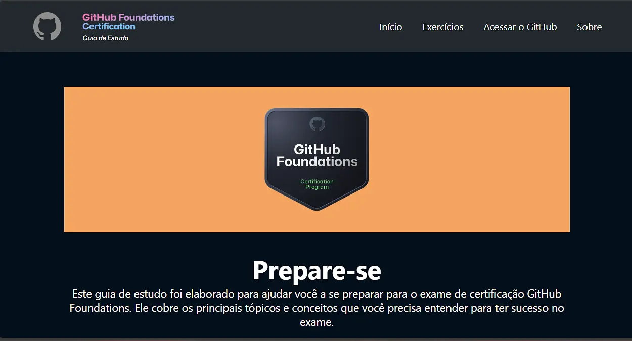página inicial do site de guia de estudo GitHub Foundations
