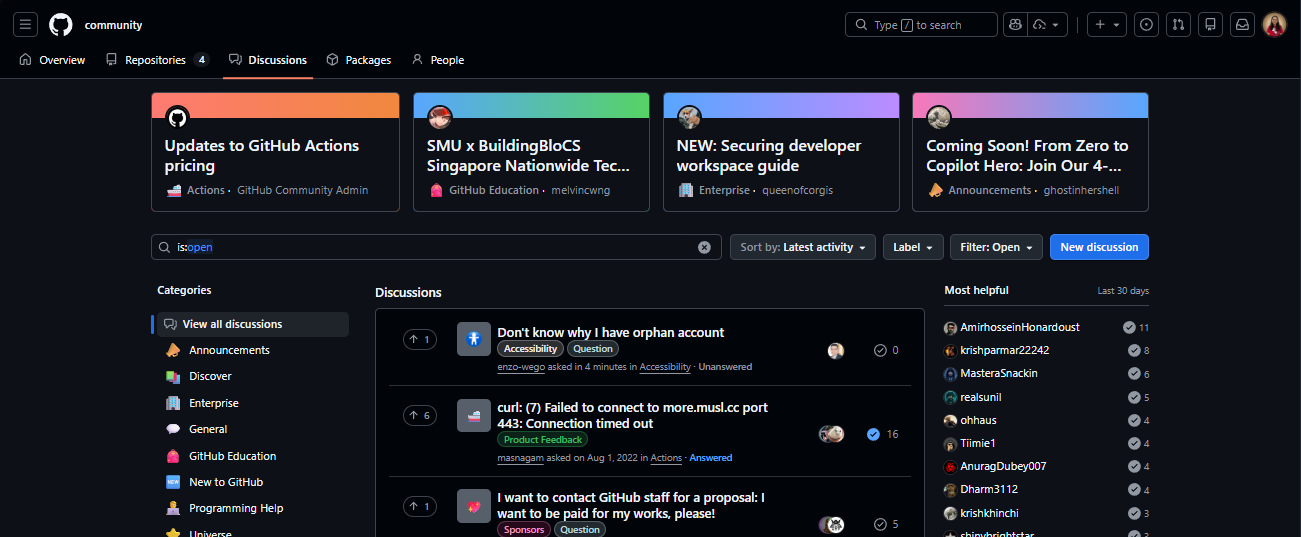 Exemplo de uma página inicial de discussão no GitHub (GitHub Community)