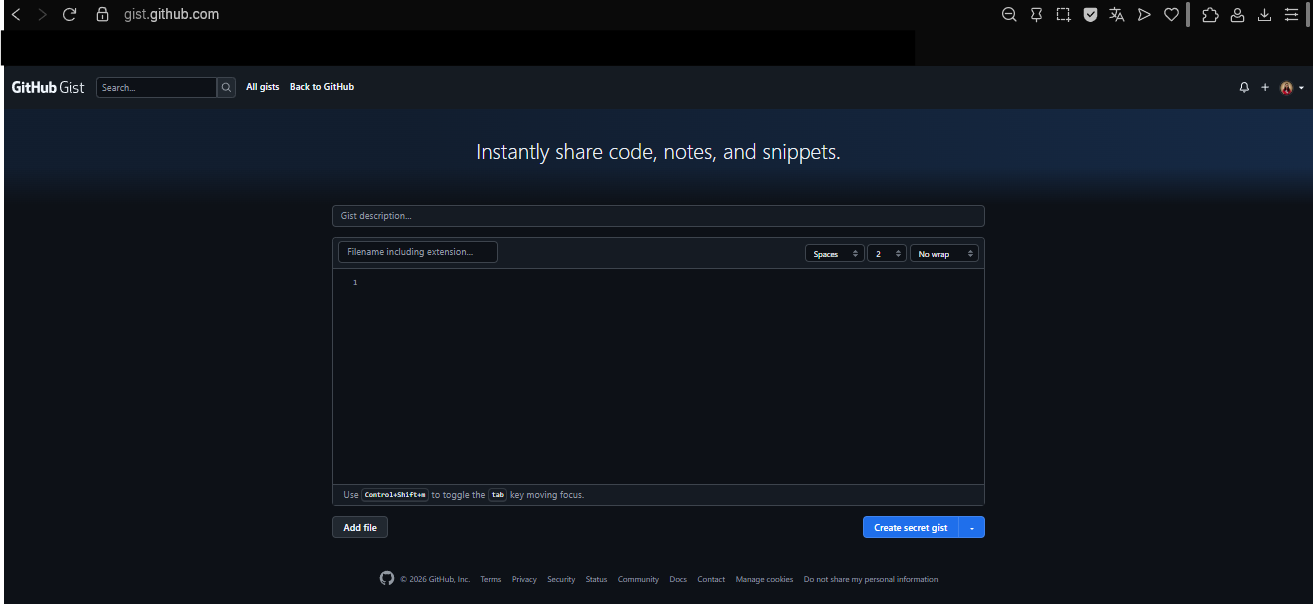 Página inicial do gists.github.com