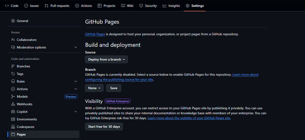 Configurações do GitHub Pages