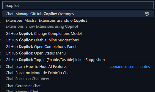 Paleta de comandos do Copilot no VS Code