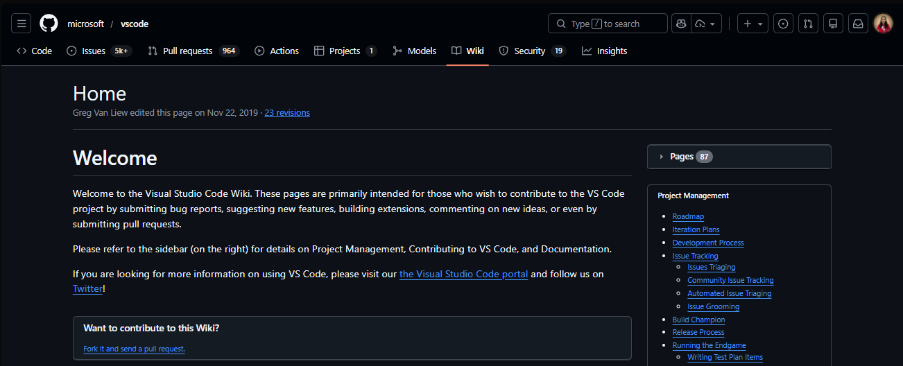 Página inicial da Wiki do repositório do VsCode no GitHub